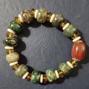 Natural Agate Tibetan Three-Eye DZI Bead Bracelet. Unisex Ethnic Retro